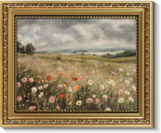 ARPEOTCY Vintage Gold Framed Wall Art Decor, 8x10 Inch Dreamy Wildflower Picture, Retro Farmhouse Landscape Wall Art for Living Room Bedroom, Rustic Bathroom Decor Aesthetic