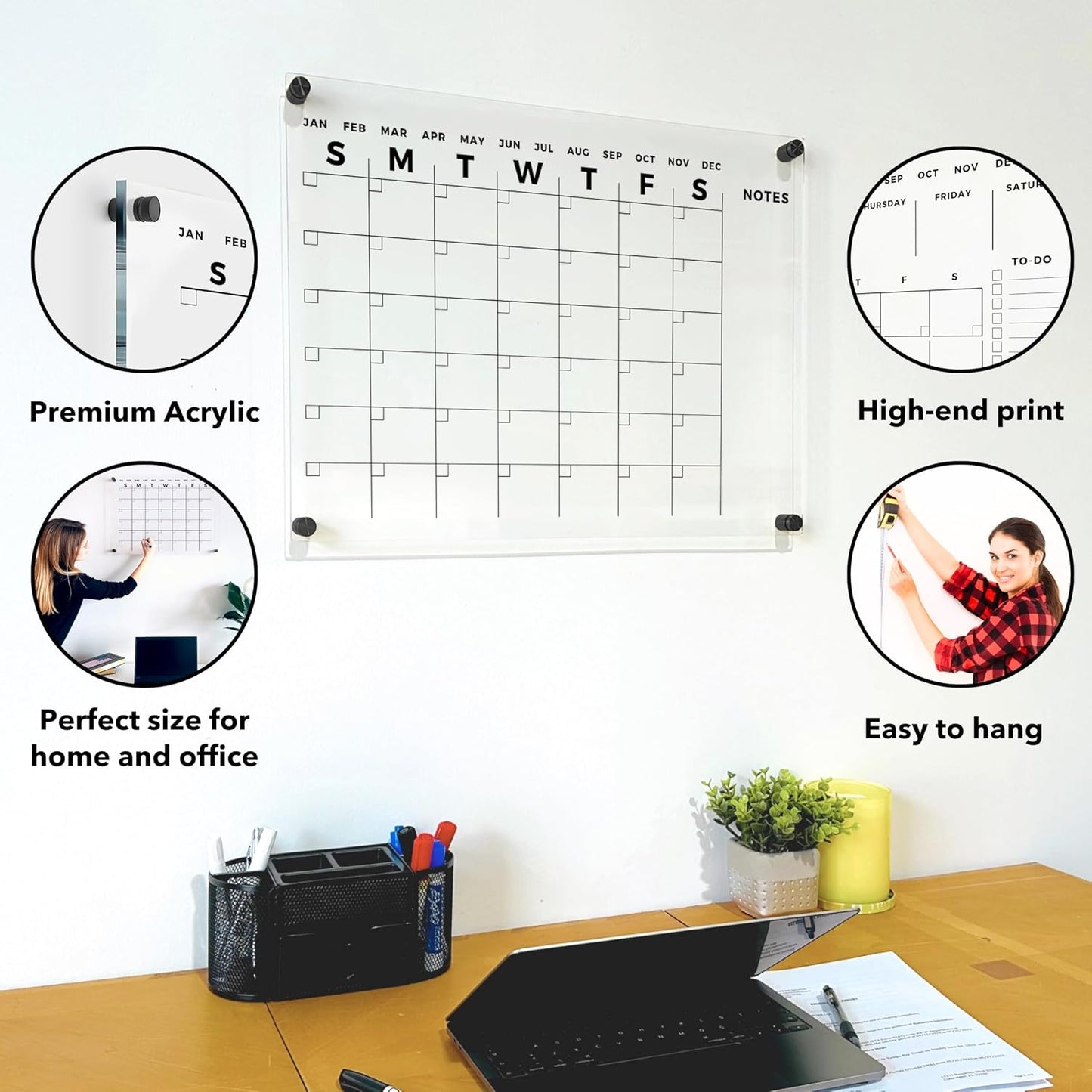Acrylic Wall Premium Calendar with Black Hardware - Monthly and Weekly Board Family Planner - Dry Erase Calendar Family Calendar - Marker (Black Standoff, 24”x18” (Regular))