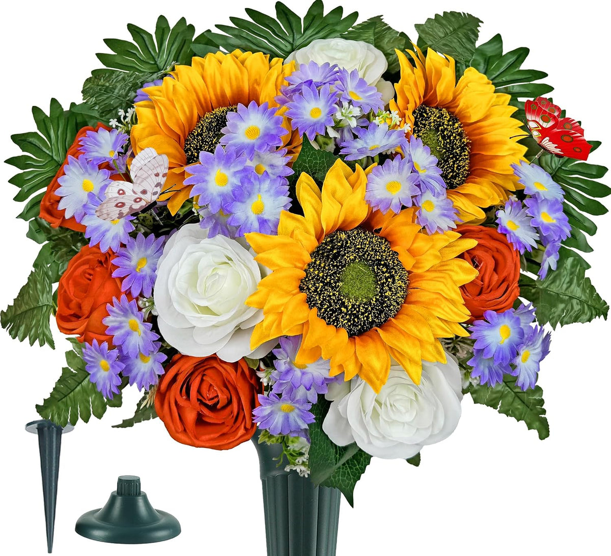 Artificial Cemetery Flowers for Grave,Memorial Flowers Bouquet with Vase for Headstones Decoration,Bright and Vibrant Sunflower Rose Daisy