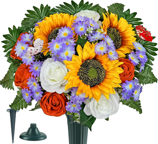 Artificial Cemetery Flowers for Grave,Memorial Flowers Bouquet with Vase for Headstones Decoration,Bright and Vibrant Sunflower Rose Daisy