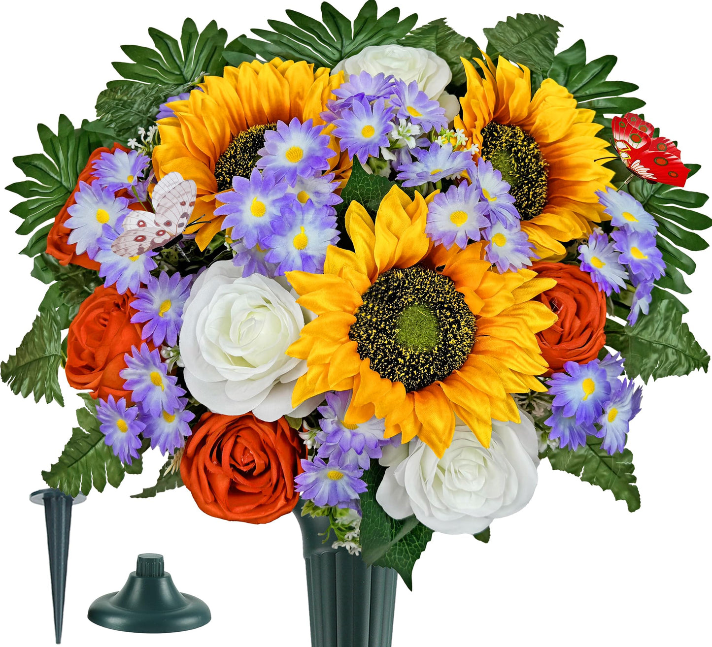 Artificial Cemetery Flowers for Grave,Memorial Flowers Bouquet with Vase for Headstones Decoration,Purple Rose Hibiscus Cymbidium Berry