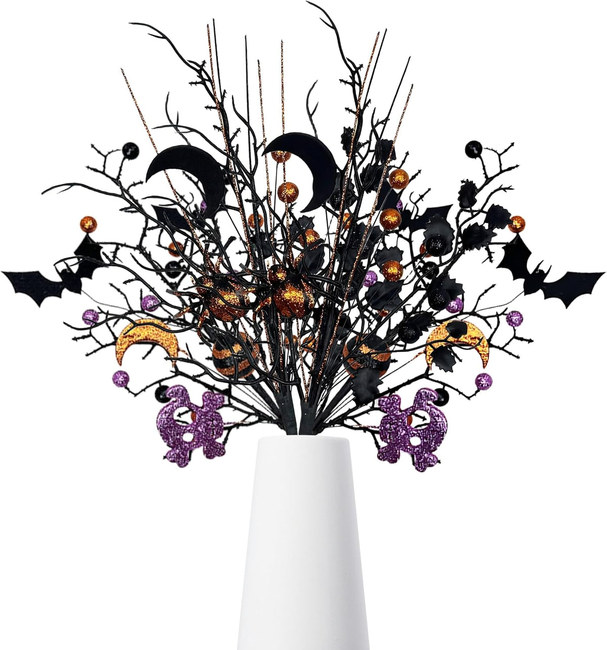 4PCS Halloween Tree Picks Decorative, Black Branches with Glittery Spider,4-Piece Set, Black Branches and Purple Spooky Branch Sprays, Indoor Halloween Decor for Table Centerpieces, Vase Bouquet