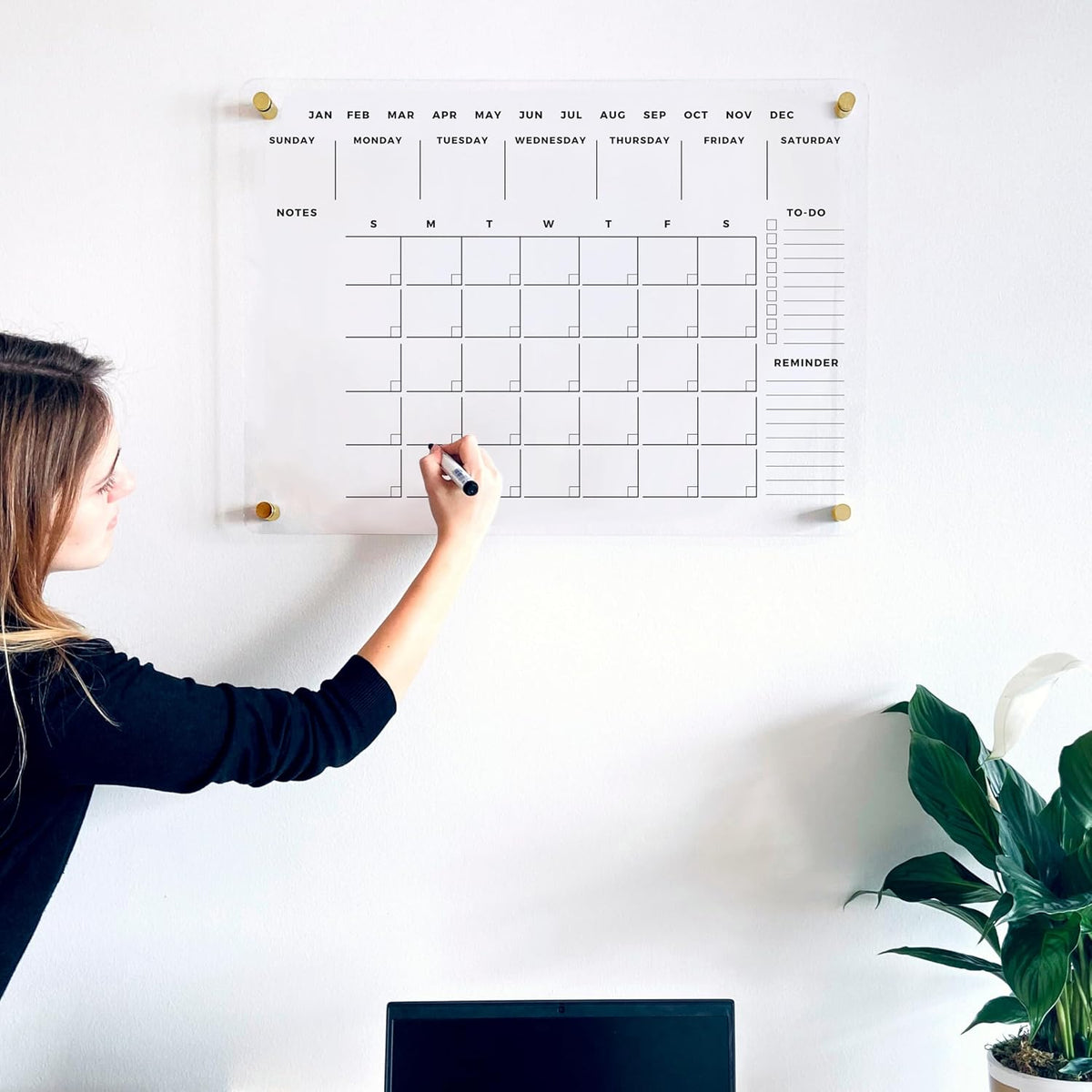 Weekly Premium Large Glass Calendar - Reusable Board for Office and Home - Dry Erase Board - Acrylic Wall Calendar w Marker (Gold Standoff, 24”x18” (Regular))