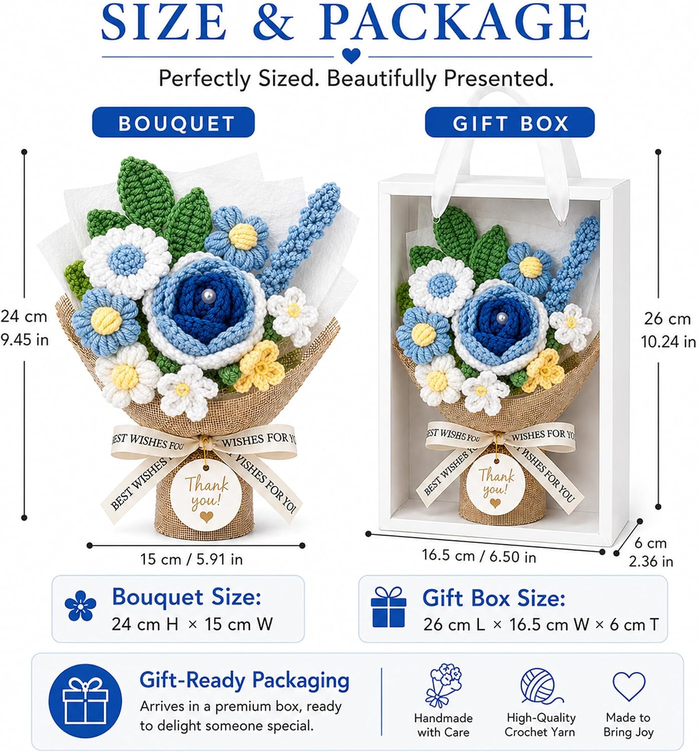 Crochet Flowers Bouquet,Blue Handmade Knitted Bouquet with Gift Box | Crochet Rose Bouquet Gift for Mom Teacher Nurse, Thank You Birthday Graduation Home Desk Decor