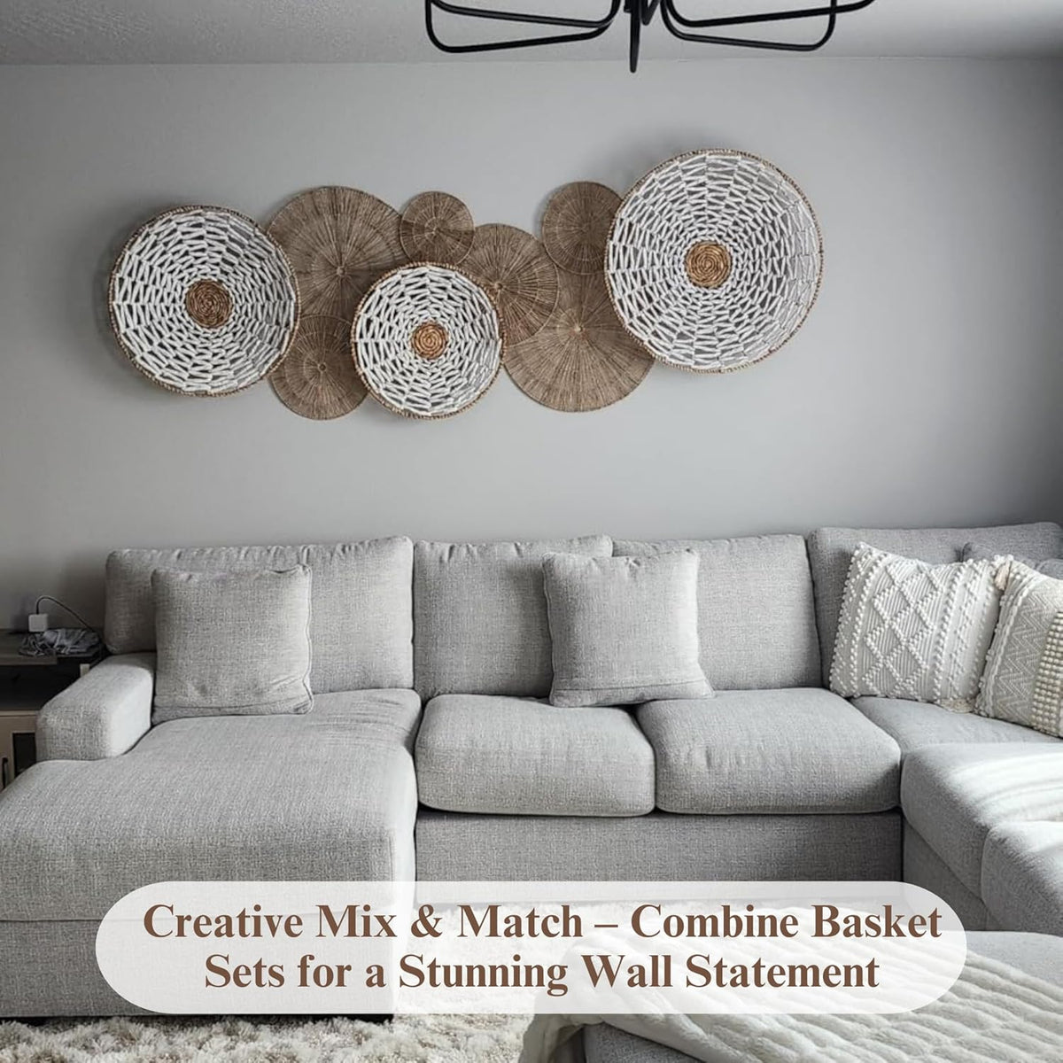 Wicker Wall Decor Set of 6, Metal Frame, 10 to 22 in, Farmhouse | Graduated Woven Plates in a Metal Frame That Layer Above the Bed or Down a Stairwell