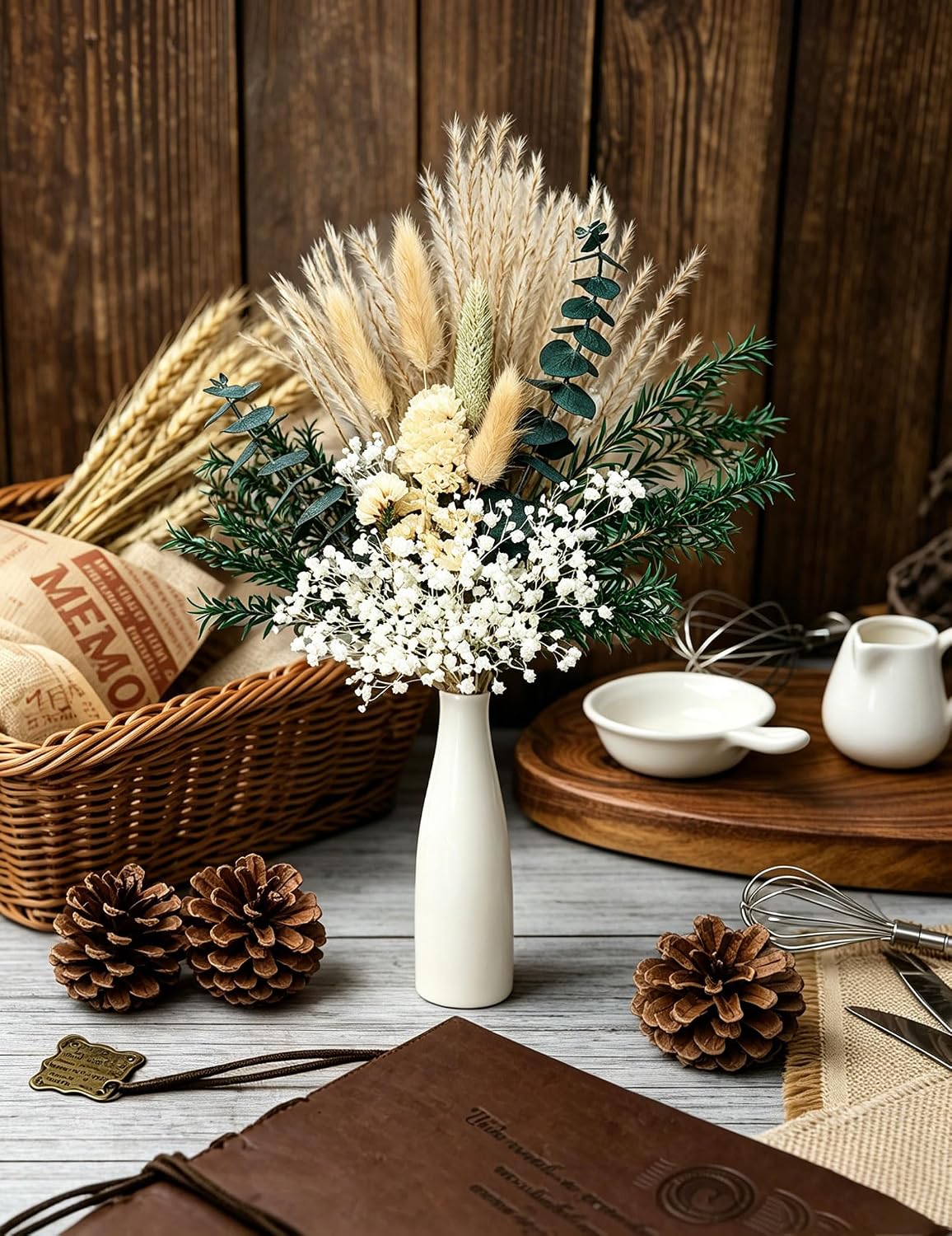 xin's convey Dried Flower Bouquet with Ceramic Vase, Pampas, Wedding Party Decoration, Farmhouse Decor, Wedding Table Centerpiece. (Green)