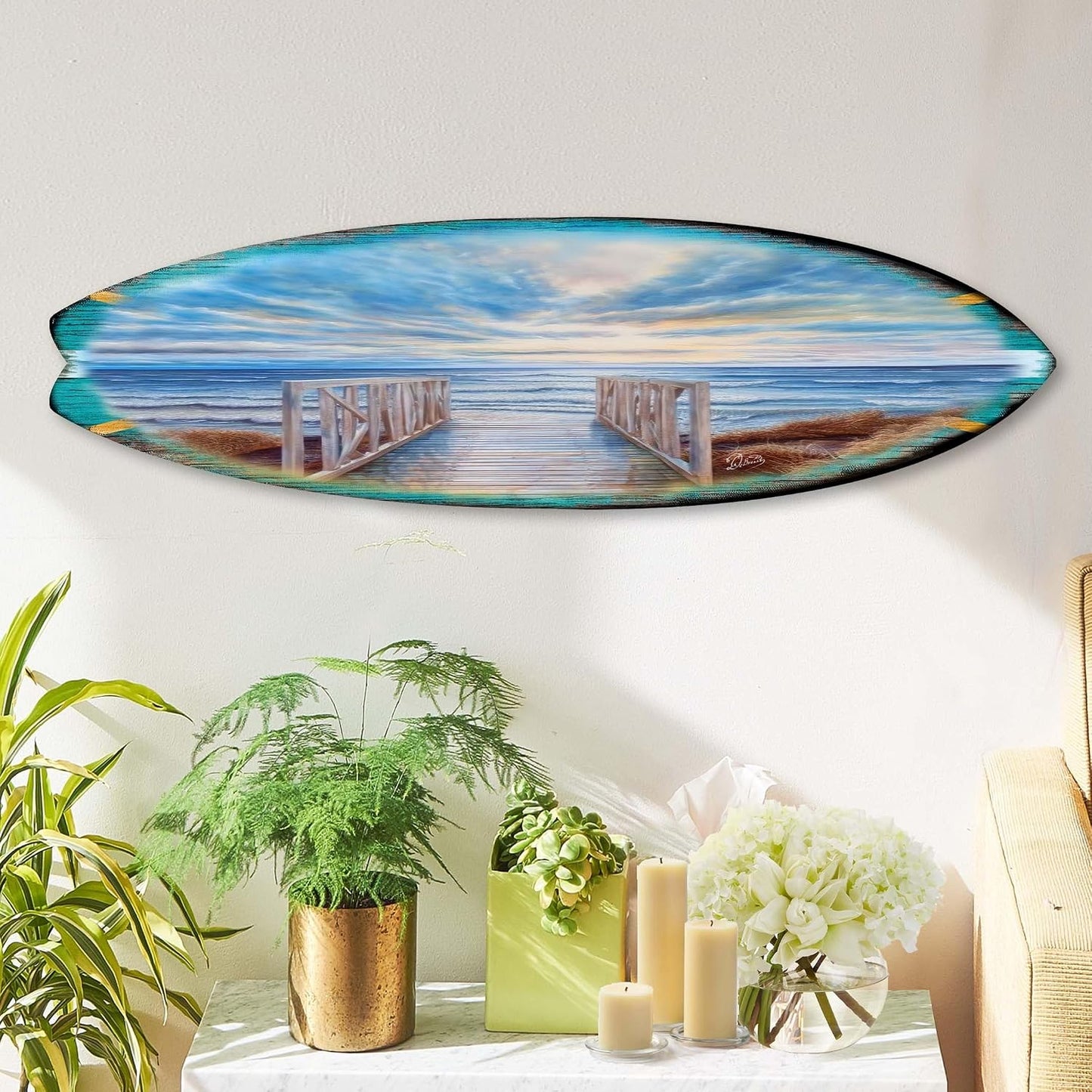 36-inch Wooden Pier Surfboard Wall Art, Handcrafted Coastal Holiday Décor by G. Debrekht