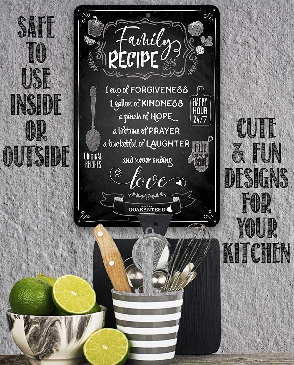Family Recipe Metal Sign - Food for Your Soul - Modern Home Wall Decor, Kitchen and Dining Room Hanging Plaque, Cute Housewarming Gifts, 8x12 Inch Indoor Outdoor Chalkboard Style Display