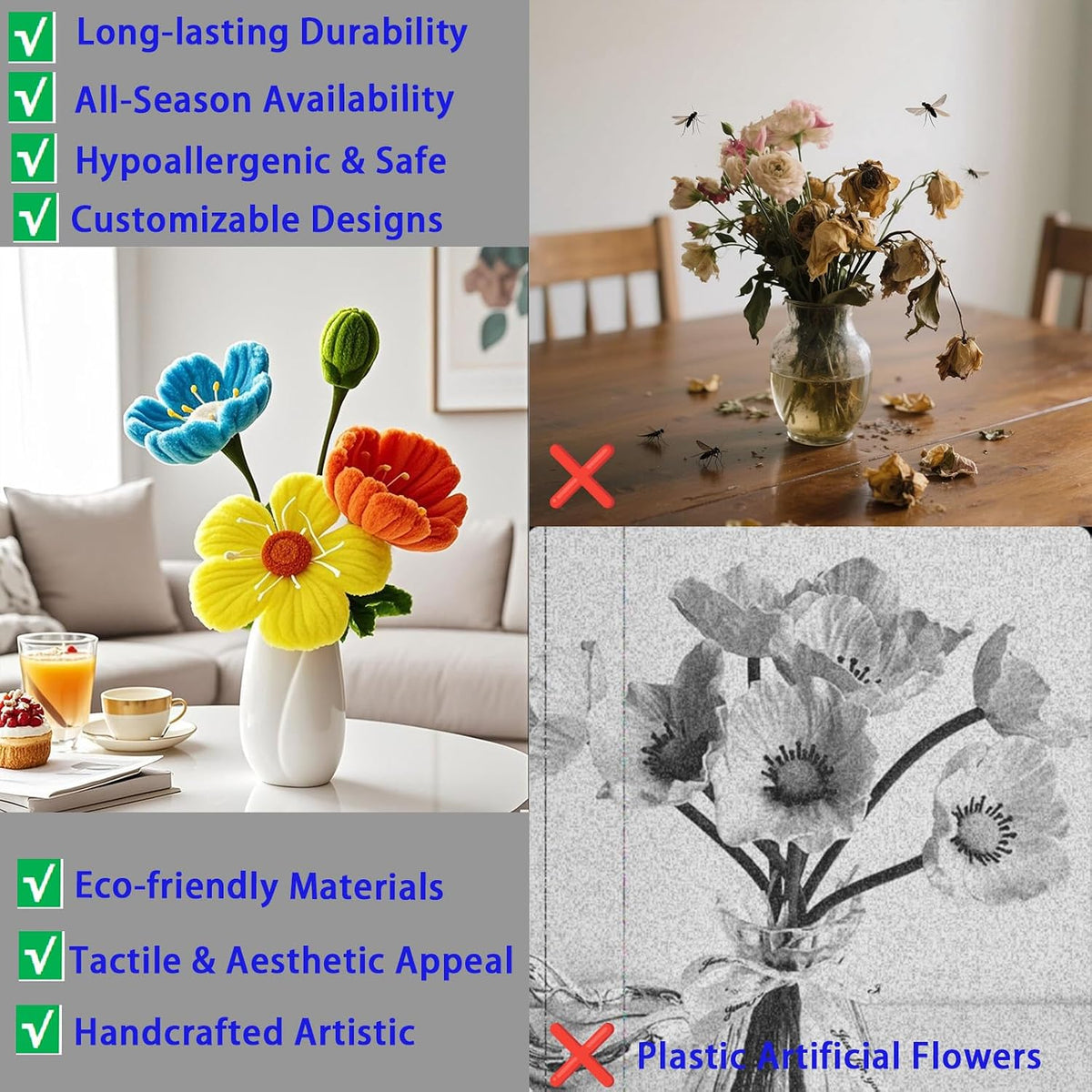 Handmade Pipe Cleaner Faux Flowers in Ceramic Vase, Easter Centerpiece Table Decor, Long-Lasting Gift for Her Girlfriend Wife Mom, Spring Party Flower Arrangement, Ideal Thoughtful Present.