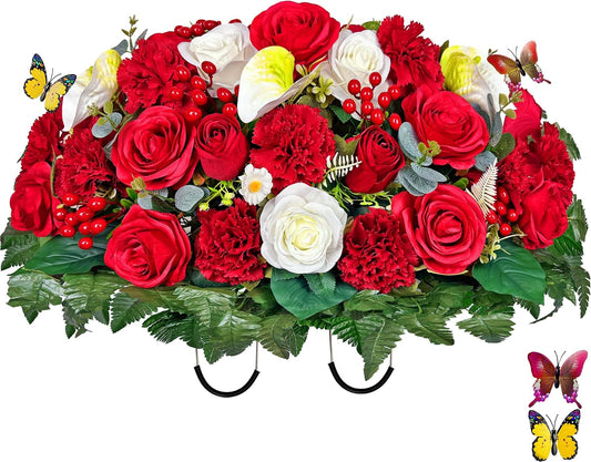 Artificial Cemetery Flowers - Headstone Flower Saddle - Outdoor Grave Decorations - Realistic Red Rose Carnation Mix Bouqet with 2 Lovely Butterflies
