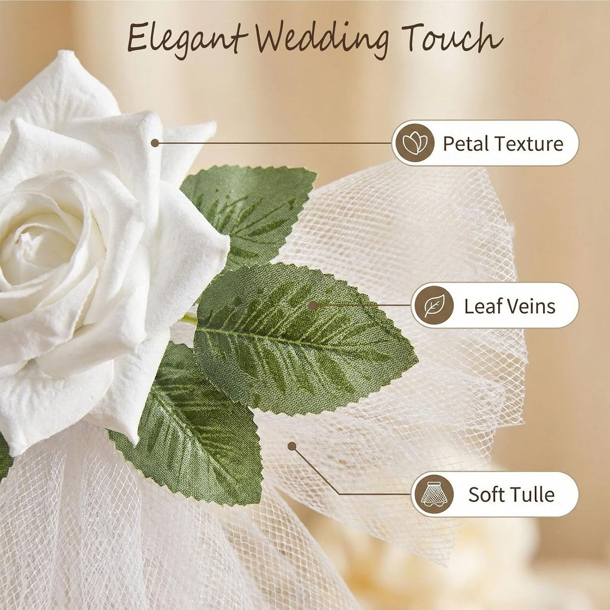 4 Pcs Wedding Car Door Handle Flowers with Tulle and Suction Cups | 12 cm white rose tulle bows with suction cups for car handles, mirrors, windows, bridal exits and wedding photos