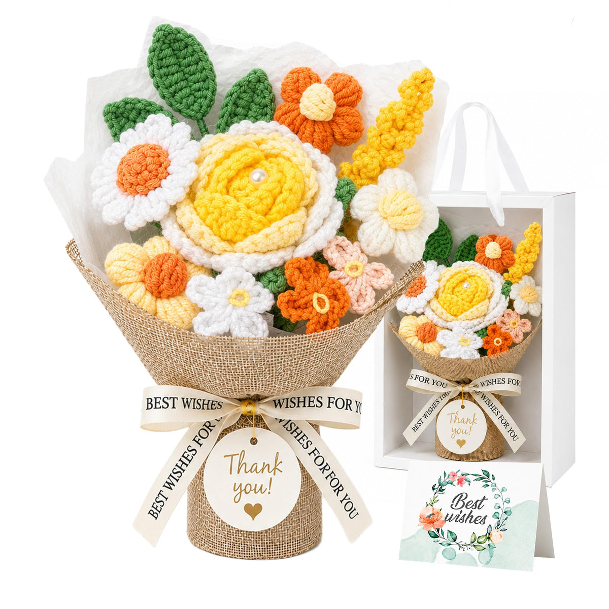 Crochet Flowers Bouquet,Blue Handmade Knitted Bouquet with Gift Box | Crochet Rose Bouquet Gift for Mom Teacher Nurse, Thank You Birthday Graduation Home Desk Decor
