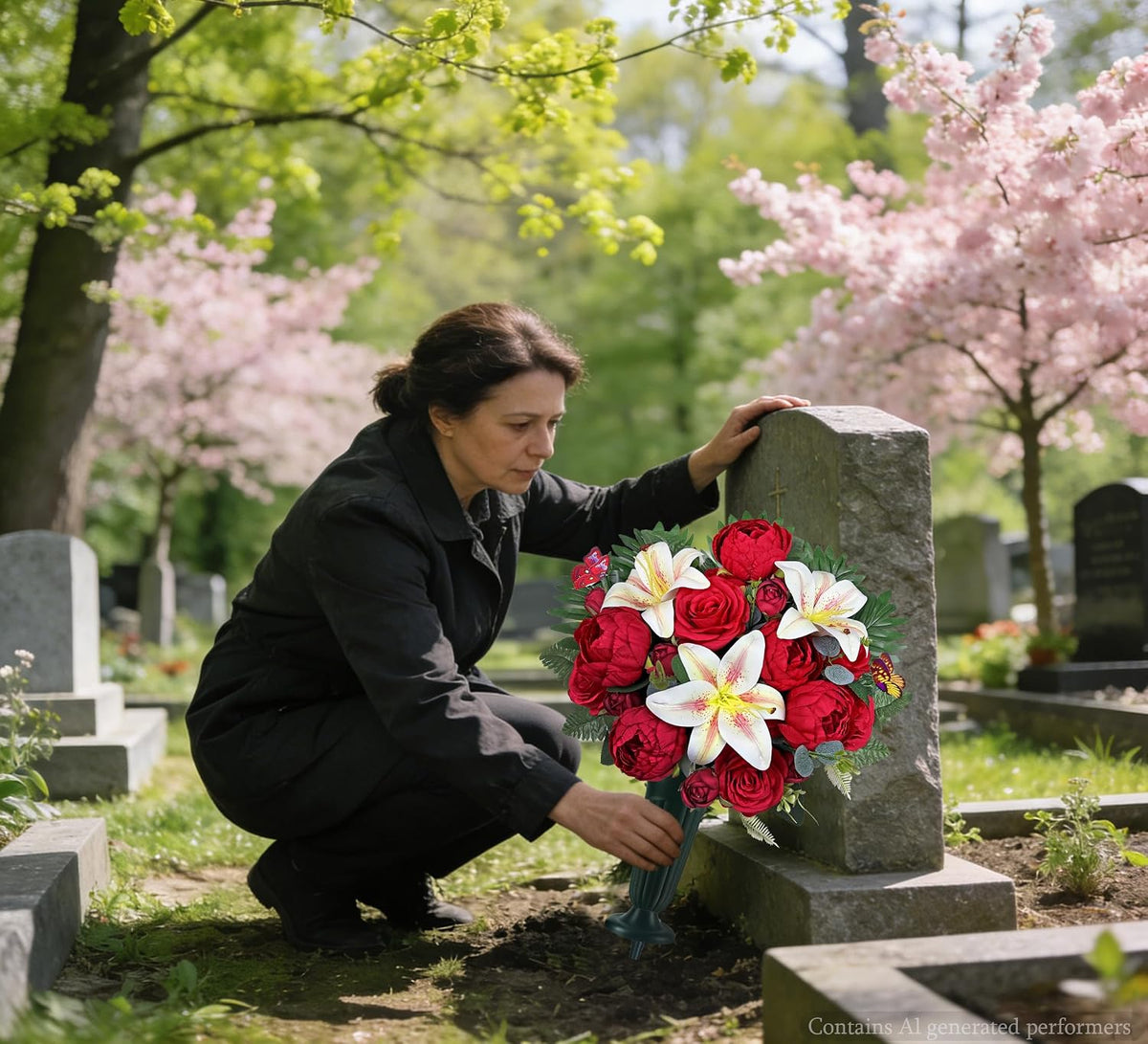 Artificial Cemetery Flowers for Grave Vase， Headstone Silk Flower Arrangement, Graveside Decoration- Vibrant Red Camellia Rose Lily Mix Bouquet, Tombstone Memorial Flowers