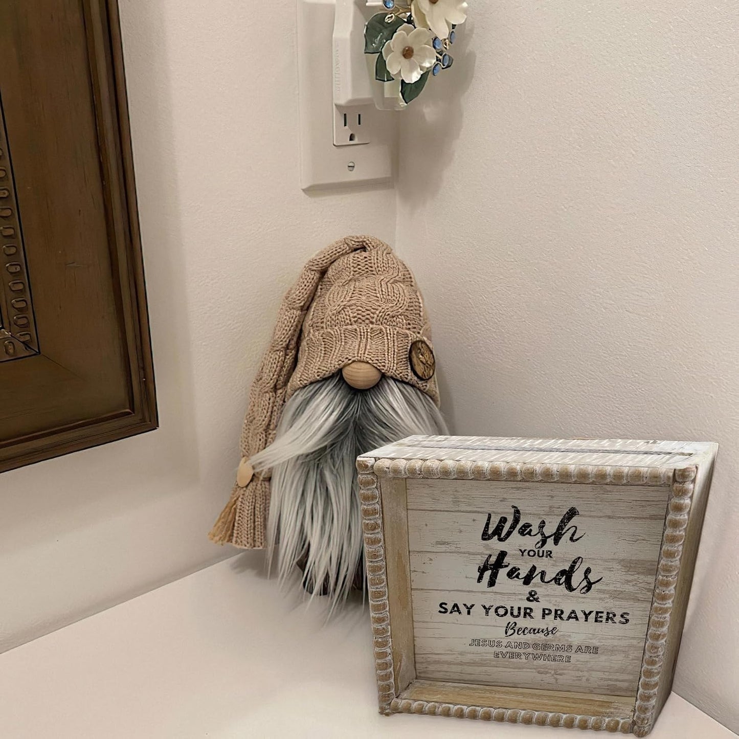 Boho Farmhouse Wooden Framed Bathroom Decor Signs, Funny Restroom Decorative Plaque Small Cute, Toilet Rules Shelf Decoration (Wash Your Hands)