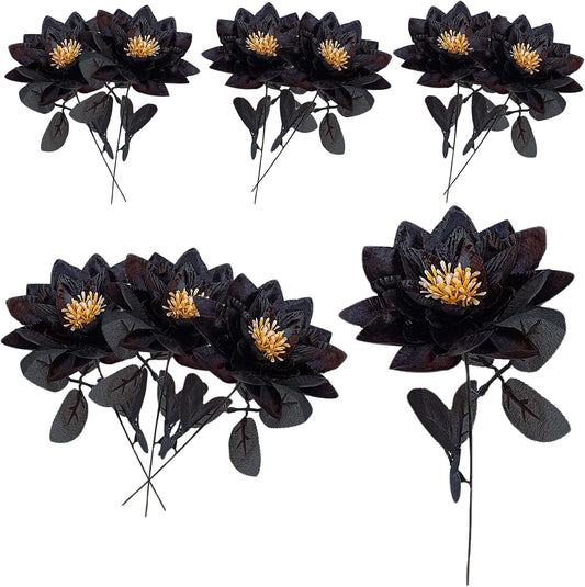 10 Artificial Flowers for Outdoor Decorations Realistic Black Lotus Flowers (Black)