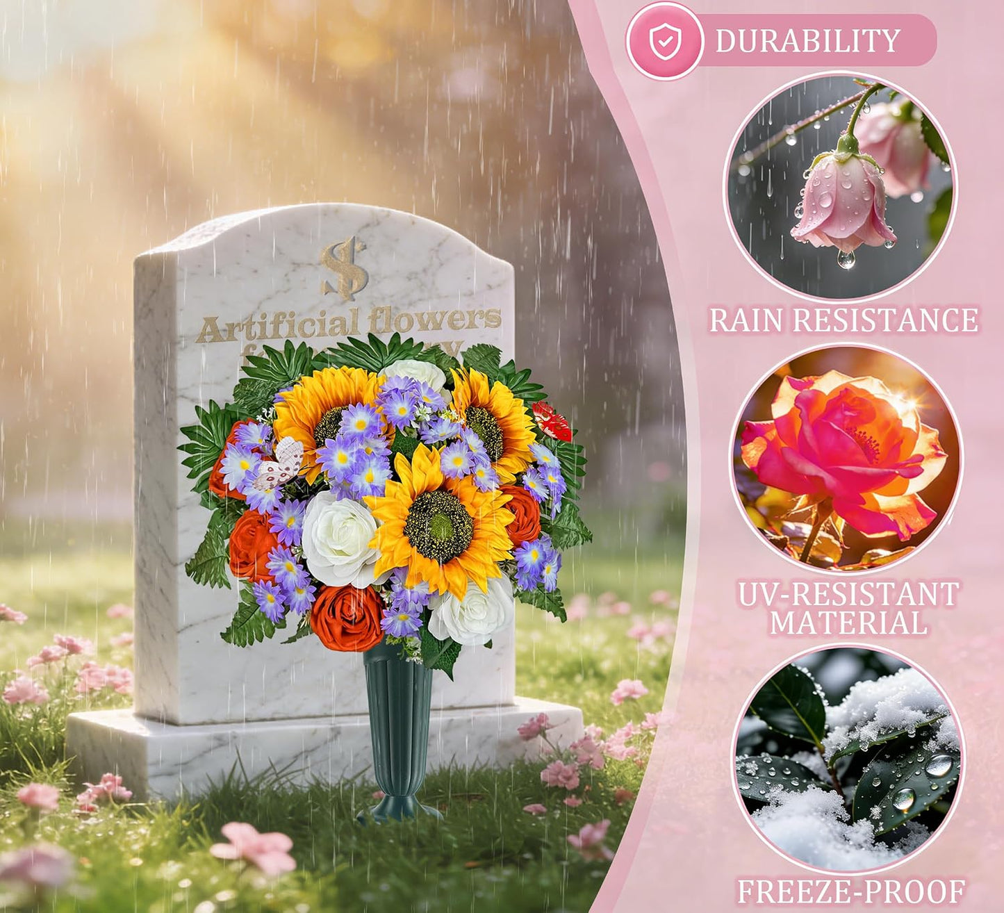 Artificial Cemetery Flowers for Grave,Memorial Flowers Bouquet with Vase for Headstones Decoration,Bright and Vibrant Sunflower Rose Daisy