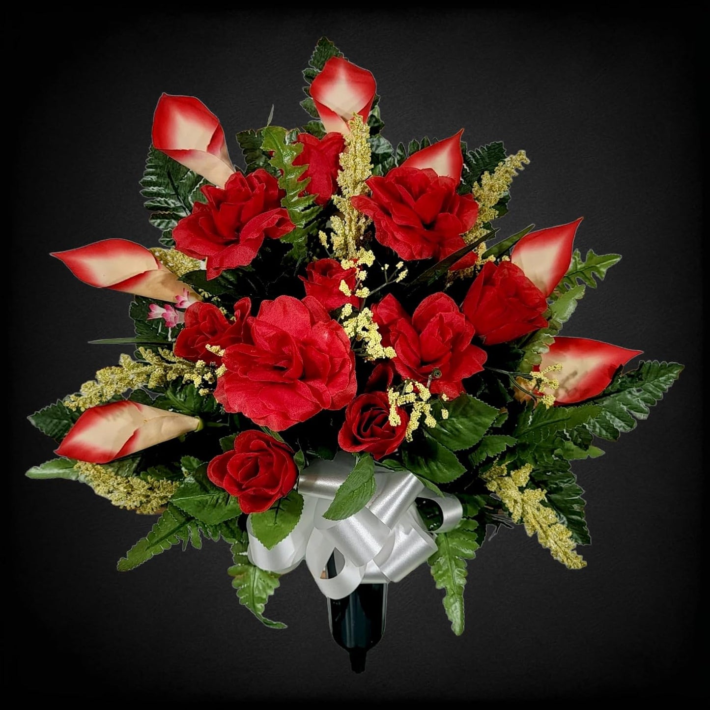 Realistic Artificial Cemetery Flowers - Silk Faux Floral Red Rose and Calla Lily Bouquet for Grave - Headstone Decoration - Memorial Flowers