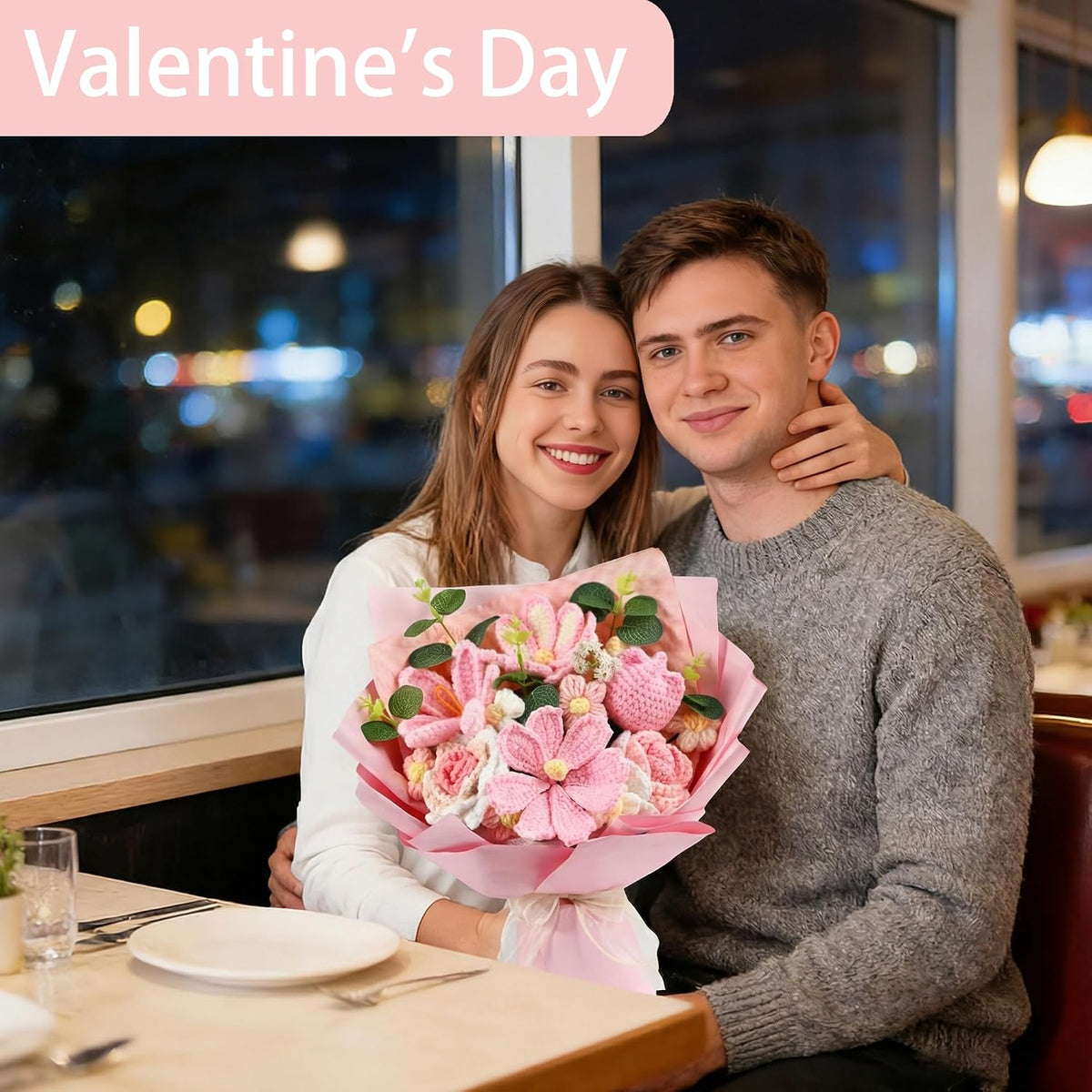 18Pcs Handmade Crochet Flower Bouquet Knitted Yarn Flowers with Bag & Card, Artificial Rose Daisy, Birthday Gifts for Women Mom Wife Girlfriend Sister Best Friend Pink