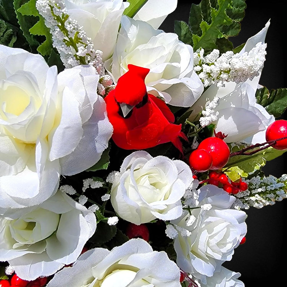 Realistic Artificial Cemetery Flowers - Silk Faux Floral Cream Rose and Calla Lily with Red Bird and Berries - Bouquet for Grave - Headstone Decoration - Memorial Flowers