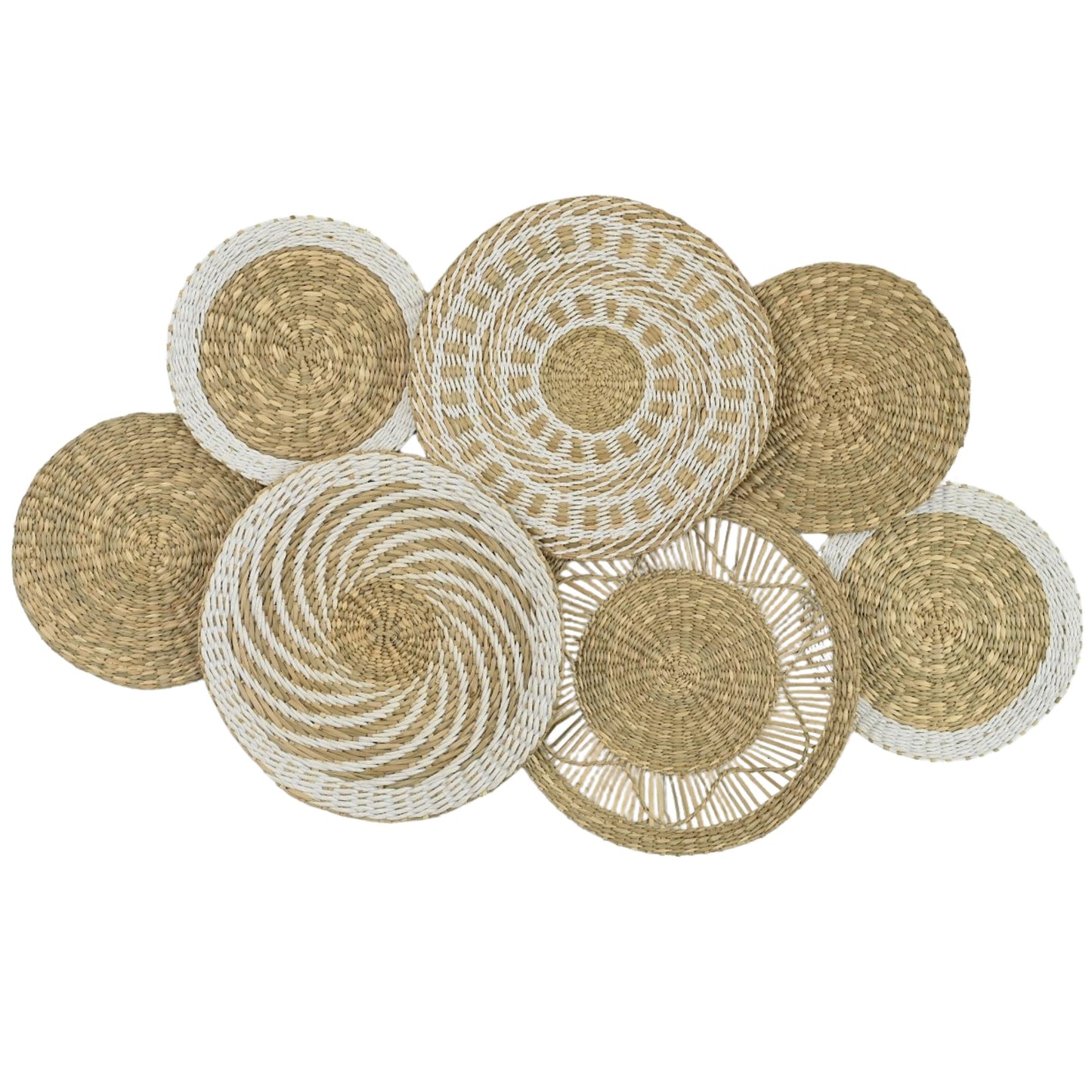 Wicker Wall Decor Set of 6, Metal Frame, 10 to 22 in, Farmhouse | Graduated Woven Plates in a Metal Frame That Layer Above the Bed or Down a Stairwell