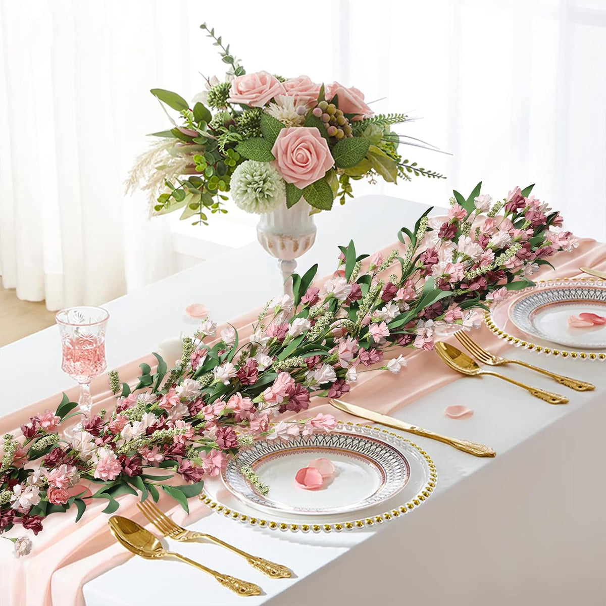 6ft Spring Summer Flower Garland, Artificial Floral Vine for Wall Backdrop Mantle Fireplace Stair Table Wedding Arch, All Season Home Door Porch Decor (Pink)