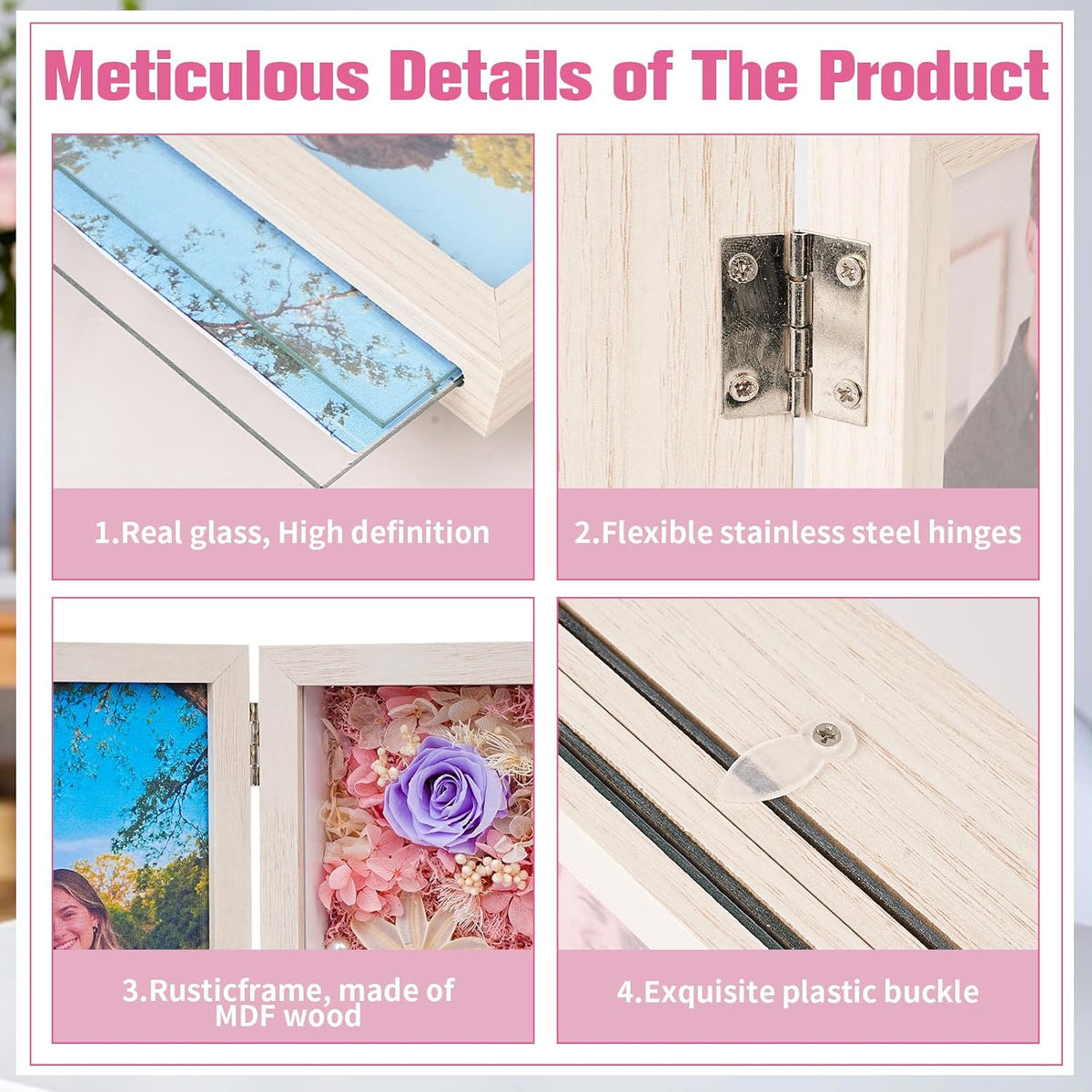 5x7'' Shadow Box Picture Frame Double Photos with Preserved Flowers, Real Floral Deep Wood Shadow Box Display Case Desktop Decor with Glass Front/Card/Gift Box, Gift Box for Family/Valentine’s Day