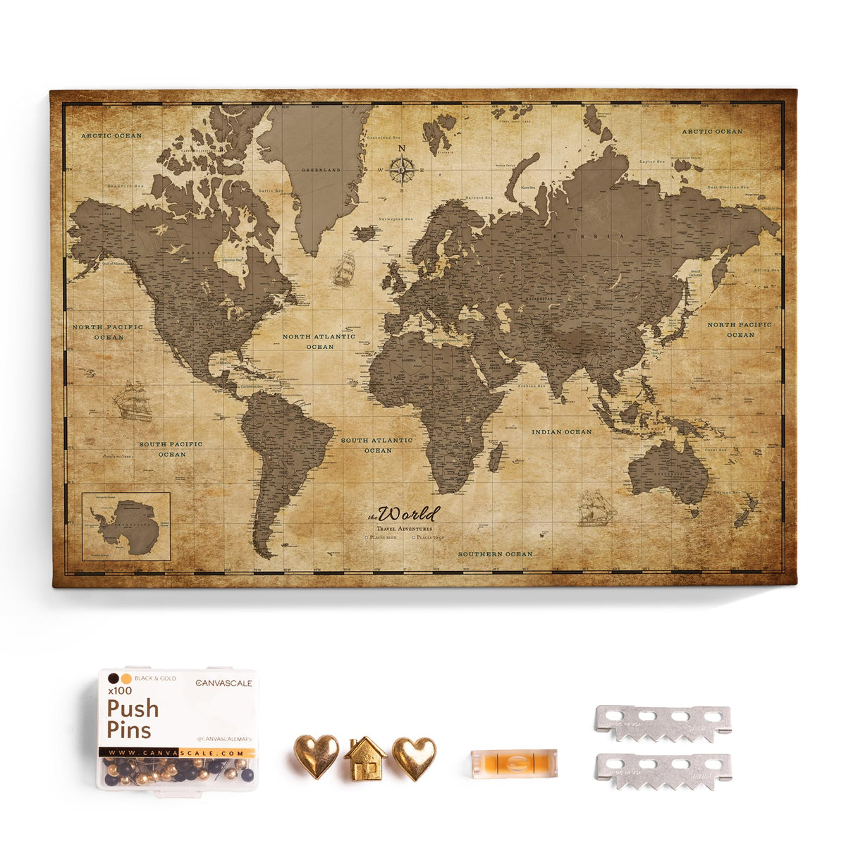 Canvas World Map with Cork Pin Board - English Lettering - Decorative Wall Decoration for All Rooms - Canvas Pictures with World Map Motif (70x50 cm, Pattern 20)