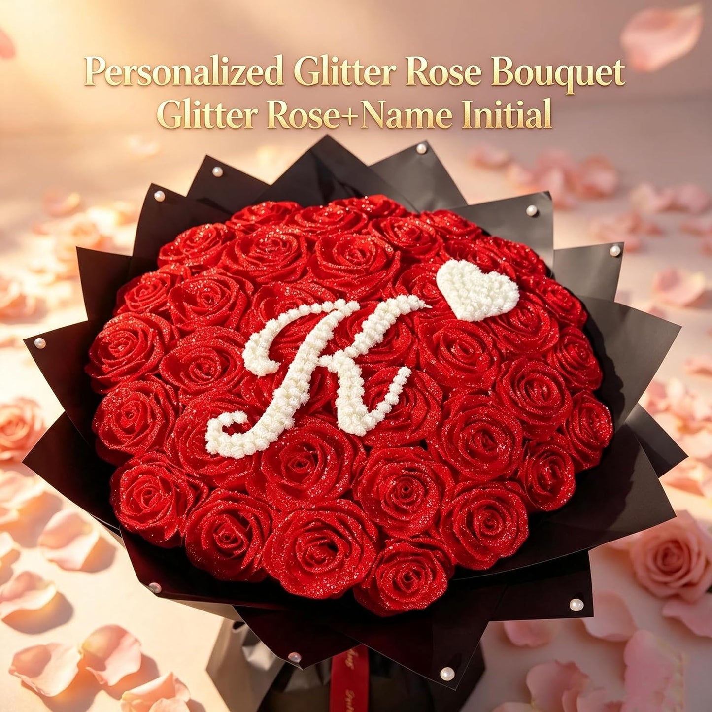 (Self-Assembly) Glitter Rose Bouquet with Initial, DIY Artificial Flowers | Custom Ribbon Text,DIY Glitter Rose Bouquet,Eternal Glitter Bouquet for Valentine's Day, Anniversary, Proposal, Birthday Gift