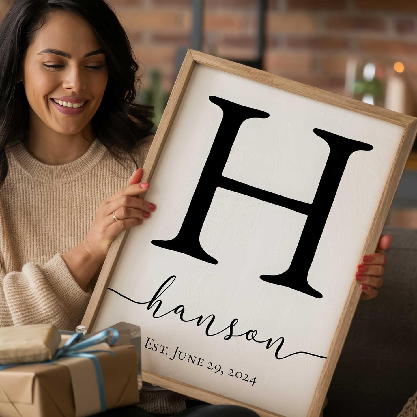 Personalized Monogram Framed Name Sign 12x18 – Custom Wall Decor Grey | solid poplar frame, white background, printed no decals, 4 sizes, add surname, wedding housewarming gift