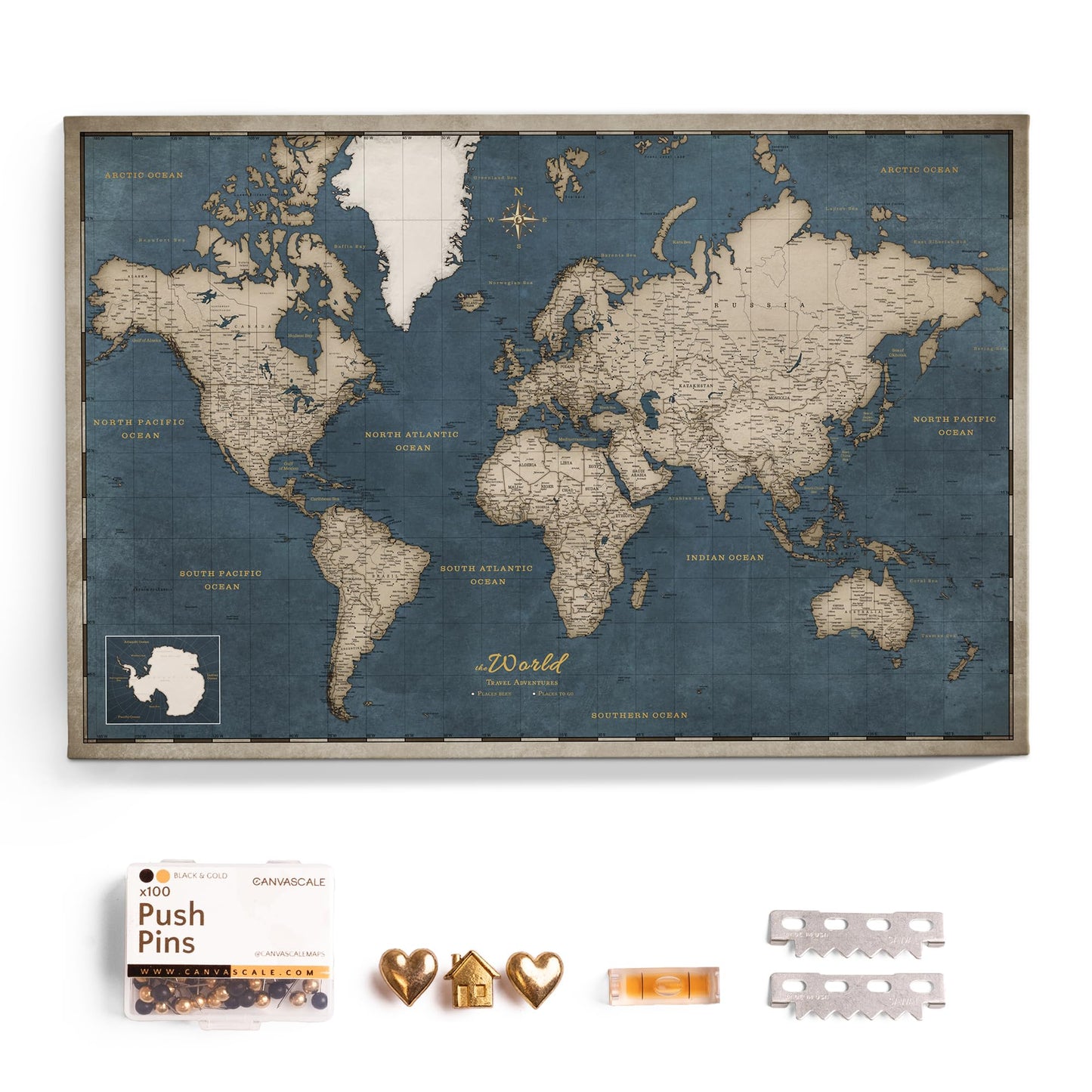 Canvas World Map with Cork Pin Board - English Lettering - Decorative Wall Decoration for All Rooms - Canvas Pictures with World Map Motif (70x50 cm, Pattern 20)