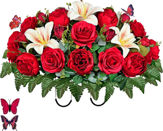Cemetery Flower Saddle for Grave Decorations, Headstone Flower Saddle - Red Camellia Rose White Lily, Non-Bleed Colors