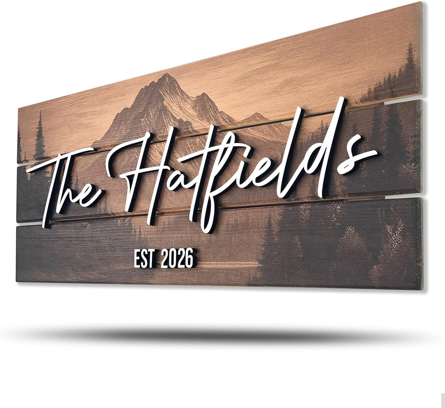 Custom Mountain Family Name Sign - Rustic Wood Wall Decor, Personalized Wedding & Gift for Couples Anniversary, Housewarming Gift for New Home 23x10" (Standard Size)