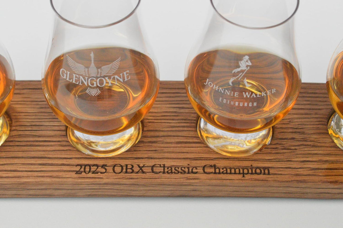 Personalized Laser EngravedWhiskey Glass Whiskey Flight Tasting Board Holder 3, 4 or 5 Made from a Kentucky Bourbon barrel stave (Glasses Not Included) (4 Glass, English Chestnut)