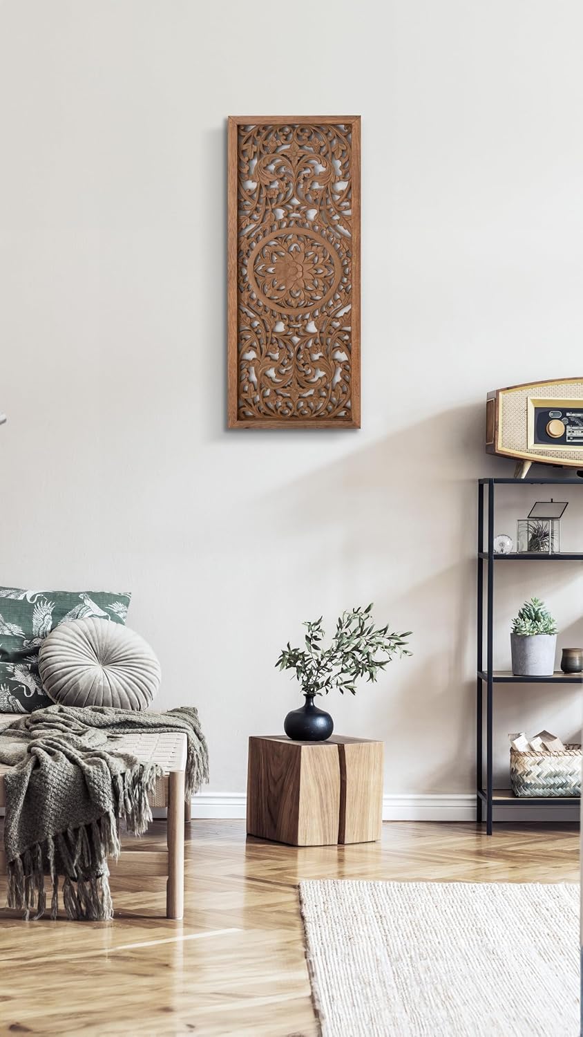 Amara Boho Carved Wood Wall Art, Handmade in Bali Mandala Panel Decor, Natural Brown Vertical Farmhouse Wall Hanging Accent, 39 x 16 in
