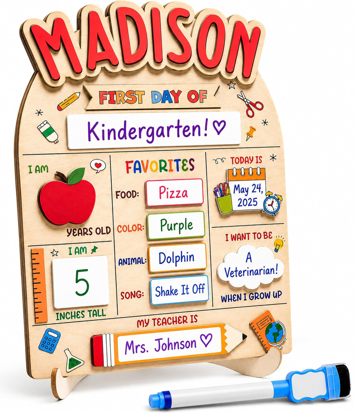 Personalized School Milestone Board, First & Last Day of School Sign with Custom Wooden Name, Reusable Dry Erase Board for Preschool, Kindergarten, Elementary Kids, 8x10/10x12 (D20)