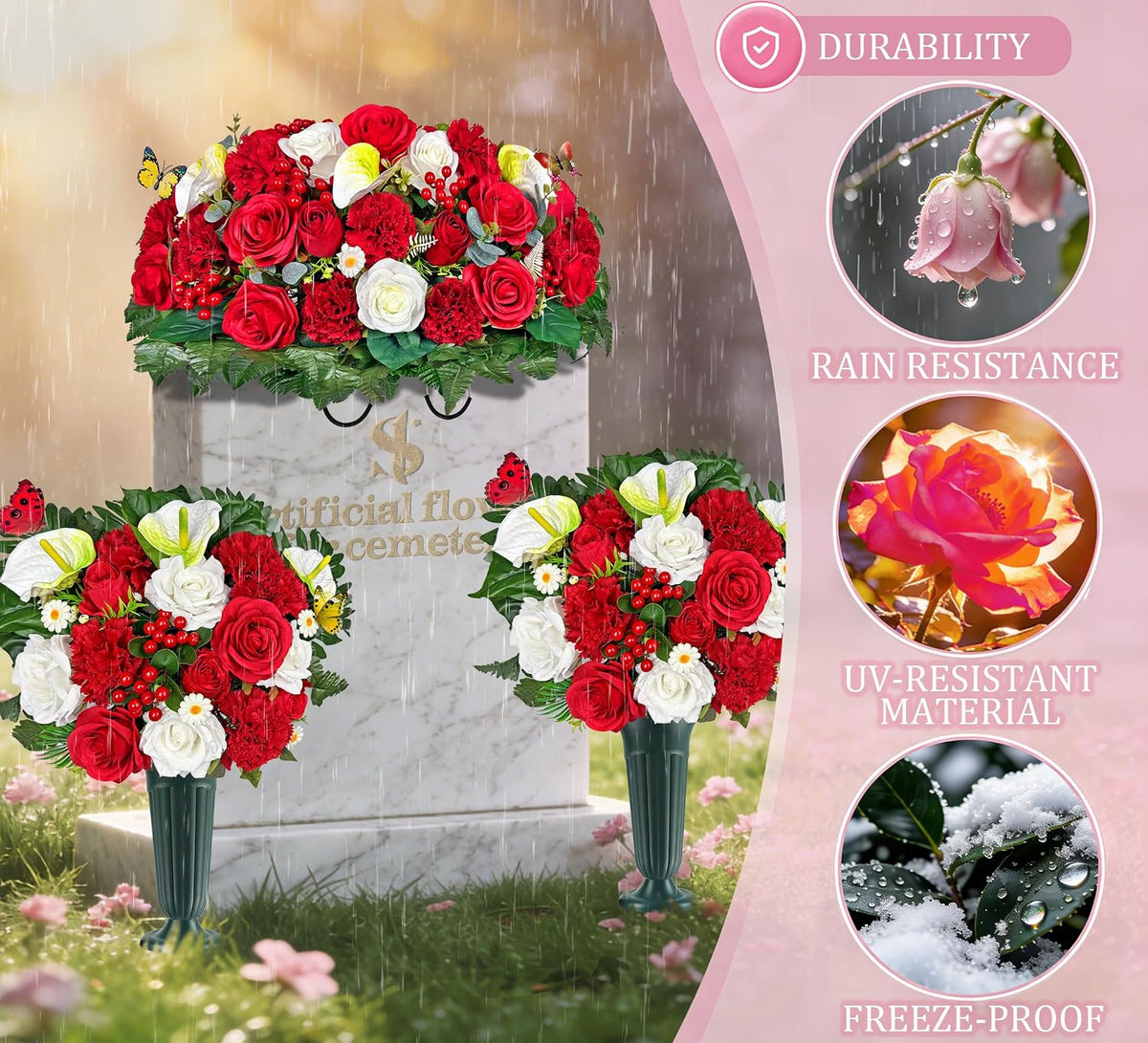 Artificial Cemetery Flower with Vases for Grave Decoration, 3PC,Red Rose Carnation，Headstone Flower Saddle (Vases Included)