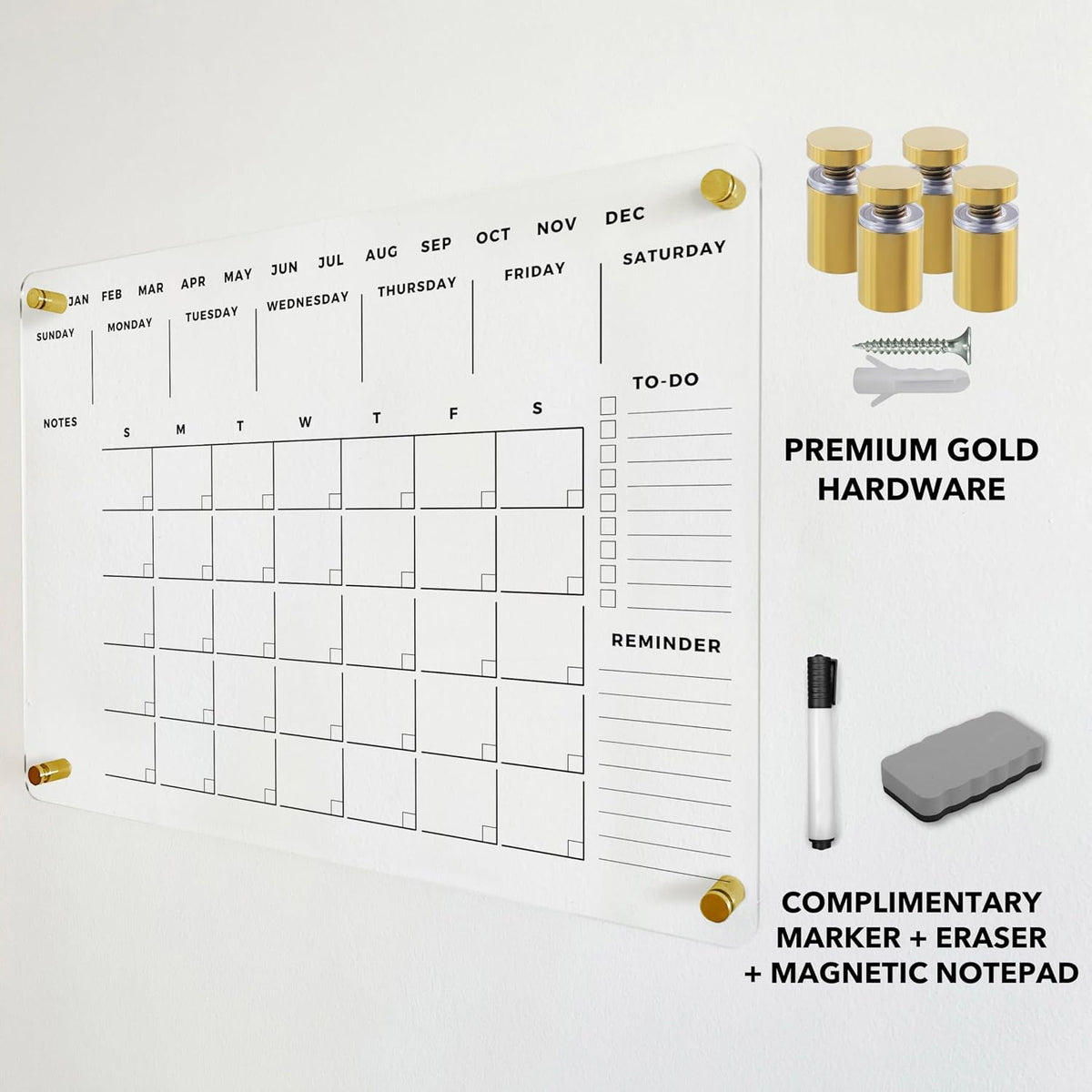 Weekly Premium Large Glass Calendar - Reusable Board for Office and Home - Dry Erase Board - Acrylic Wall Calendar w Marker (Gold Standoff, 24”x18” (Regular))