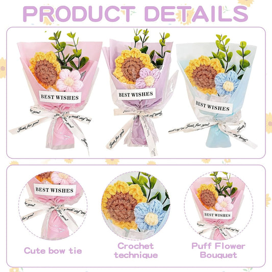 3 Pcs Sunflower Crochet Flower Bouquet Gift for Teachers, Mini Knitting Crochet Bouquet – Positive Handmade Mini Crochet Flowers Gift for Mother’s Day, Wedding, Teacher Appreciation Gift for Women Men