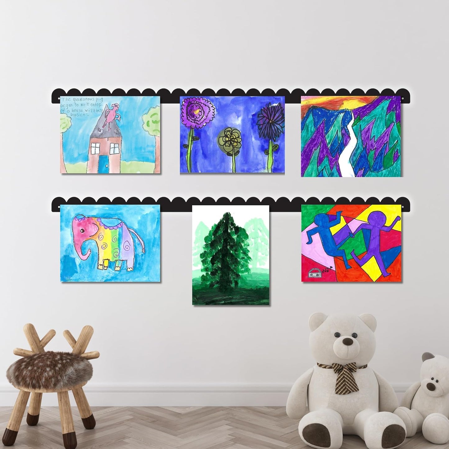Scalloped Magnetic Art Display for Kids Artwork & Photos (Set of 2) – Kids Artwork Display for Wall – Magnetic Photo Display Strips with Push-Pin Magnets (Black, 35in)