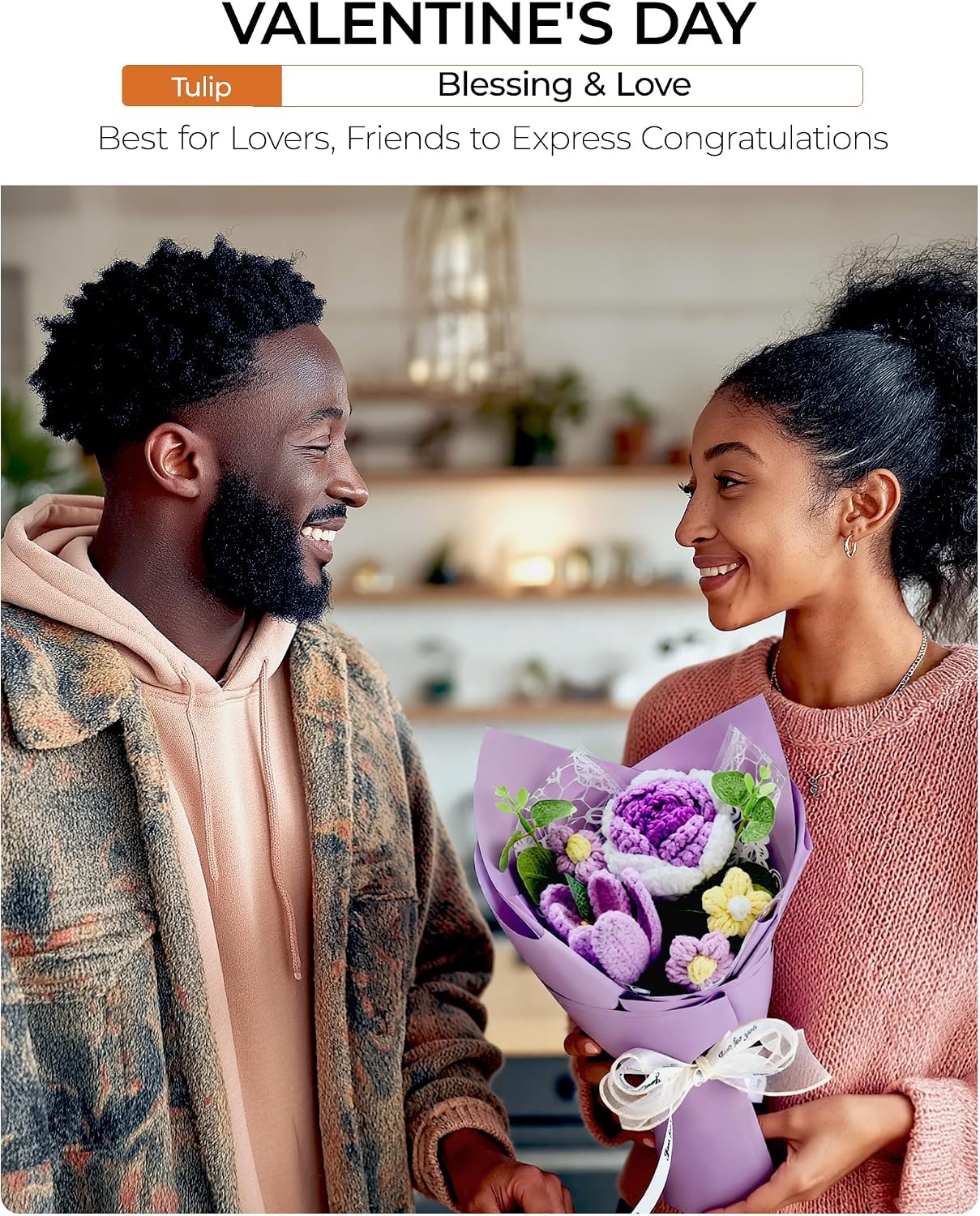 Crochet Flowers Bouquet Valentine's Day Gift for Wife Girlfriend Mother Women, Handmade Artificial Knit Purple Rose Tulip Flower for Wedding Anniversary Birthday Valentine Present, Home Decor