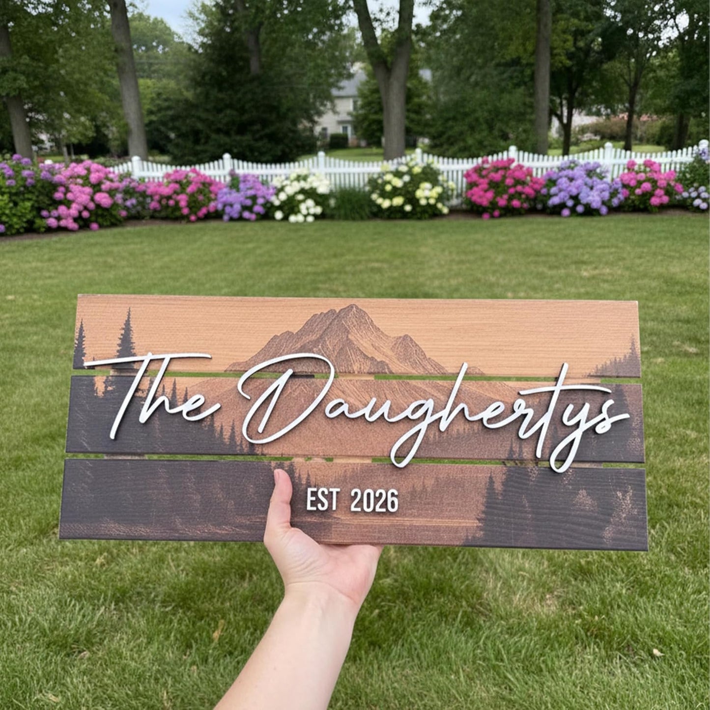 Custom Mountain Family Name Sign - Rustic Wood Wall Decor, Personalized Wedding & Gift for Couples Anniversary, Housewarming Gift for New Home 23x10" (Standard Size)