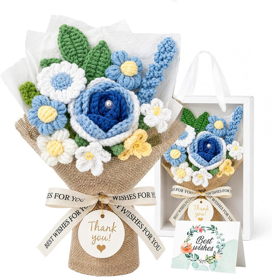 Crochet Flowers Bouquet,Blue Handmade Knitted Bouquet with Gift Box | Crochet Rose Bouquet Gift for Mom Teacher Nurse, Thank You Birthday Graduation Home Desk Decor