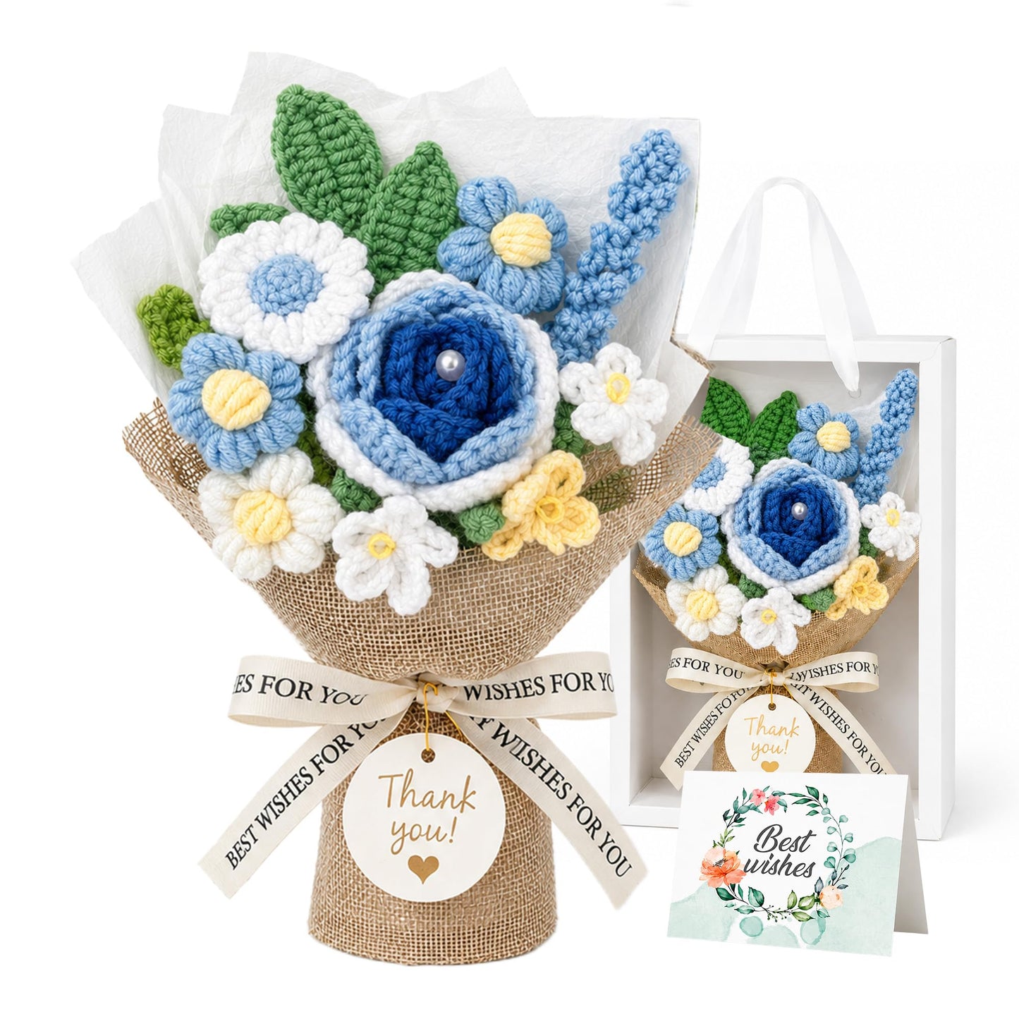 Crochet Flowers Bouquet,Blue Handmade Knitted Bouquet with Gift Box | Crochet Rose Bouquet Gift for Mom Teacher Nurse, Thank You Birthday Graduation Home Desk Decor