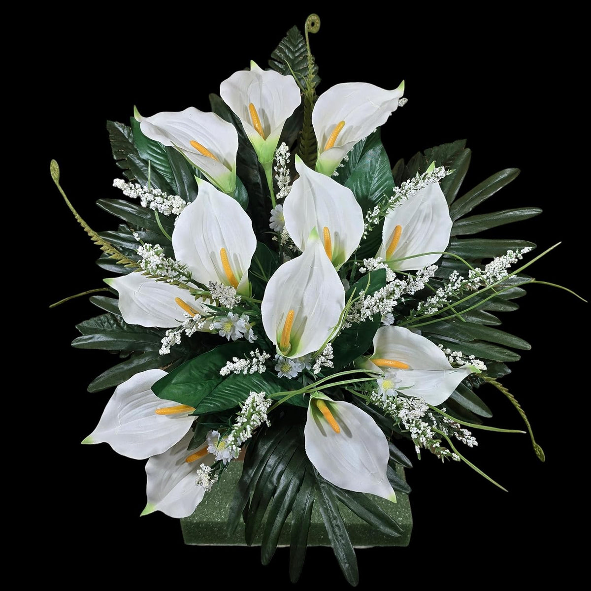 Realistic Artificial Cemetery Flowers - Jumbo Silk Faux Floral Cream Calla Lily Bouquet for Grave with white filler - 1 Large Headstone Decoration - Memorial Flowers