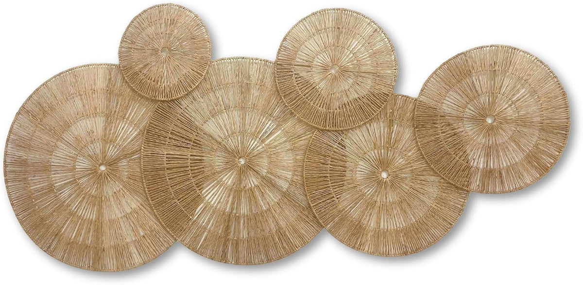 Wicker Wall Decor Set of 6, Metal Frame, 10 to 22 in, Farmhouse | Graduated Woven Plates in a Metal Frame That Layer Above the Bed or Down a Stairwell