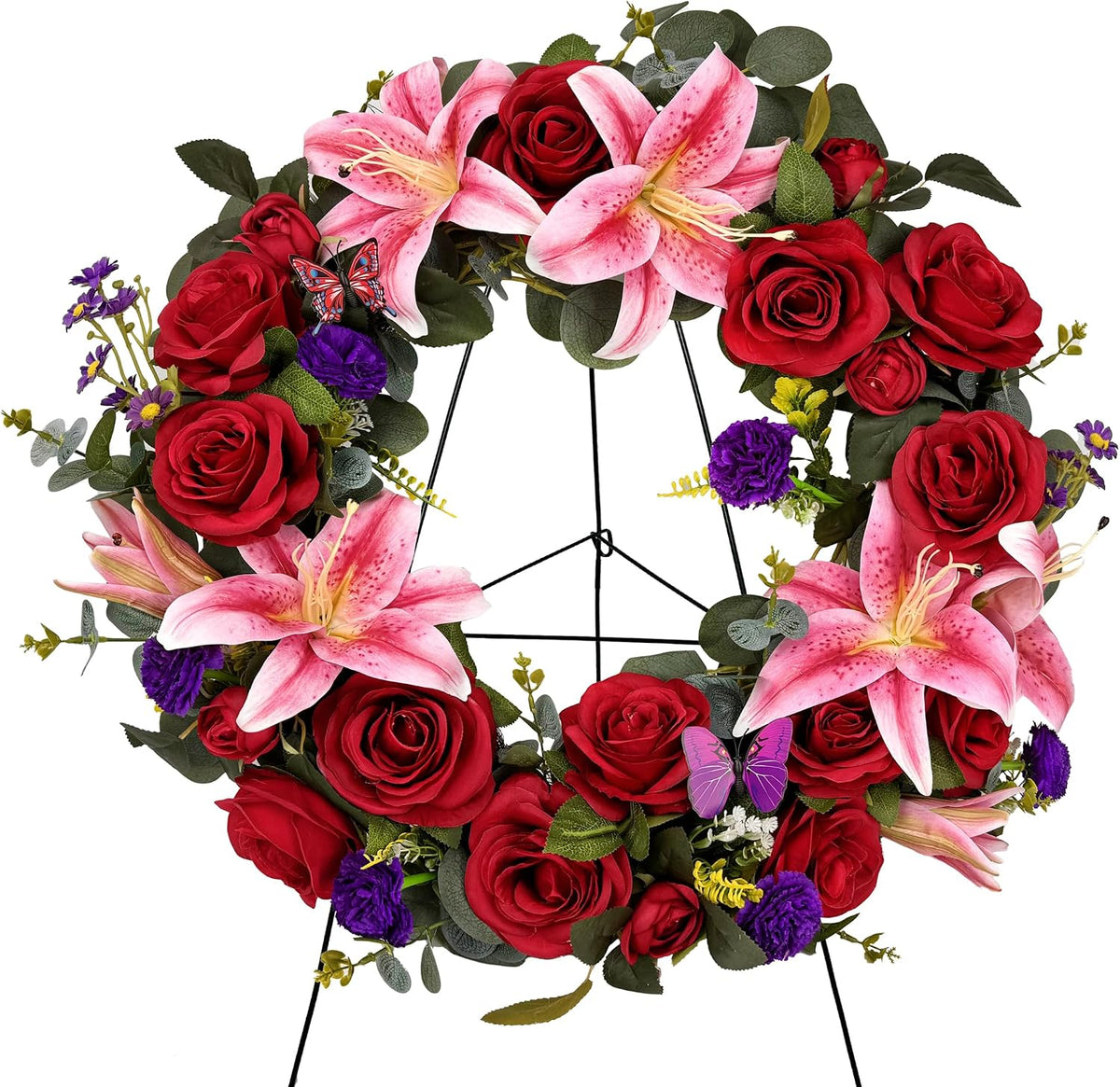 Cemetery Wreaths for Graves with 30 inch Easel Stand,Handmade Headstone Wreath Flower with Hanger, Artificial Rose Lily Daisy and Carnation,Red/Pink