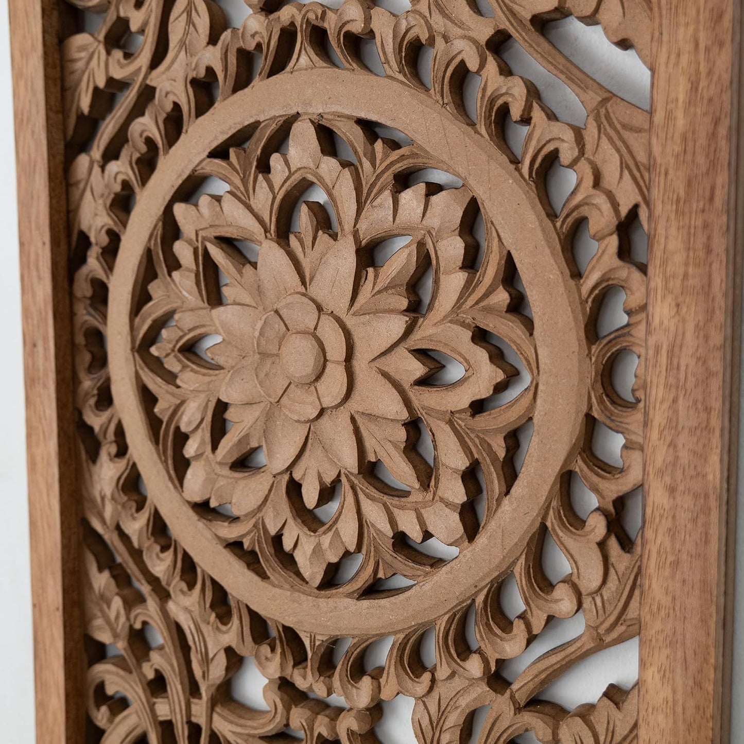 Amara Boho Carved Wood Wall Art, Handmade in Bali Mandala Panel Decor, Natural Brown Vertical Farmhouse Wall Hanging Accent, 39 x 16 in
