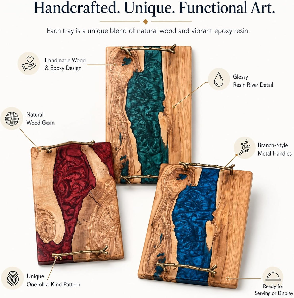 Personalized Olive Wood and Resin Charcuterie Serving Tray with Handle, Premium River Epoxy Cheese Boards for Wedding, Housewarming Blue