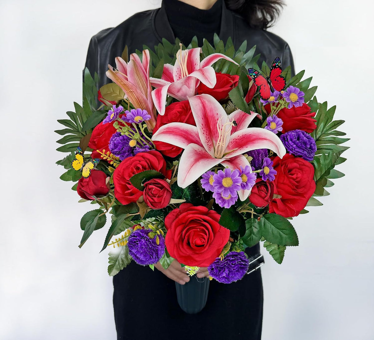 Artificial Cemetery Flower Bouquet, Grave Flower for Headstone Outdoor Decoration， Non-Fade and Easy Setup