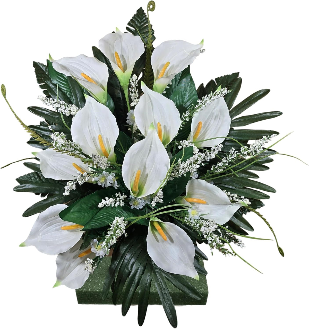 Realistic Artificial Cemetery Flowers - Jumbo Silk Faux Floral Cream Calla Lily Bouquet for Grave with white filler - 1 Large Headstone Decoration - Memorial Flowers